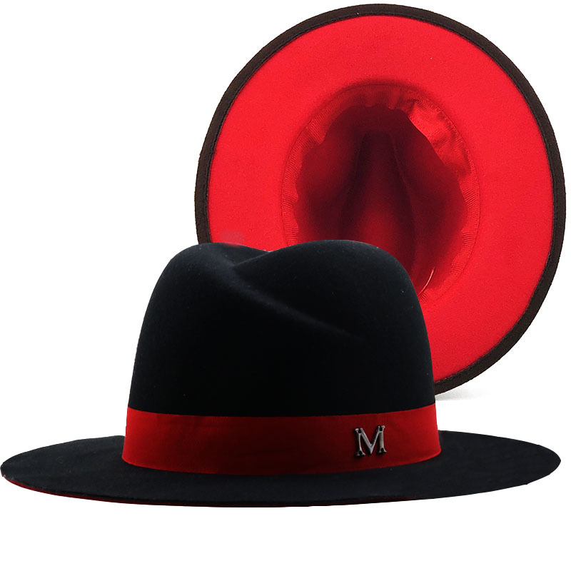 Fedora Hat Wool - Yeni dış siyah iç kırmızı yün